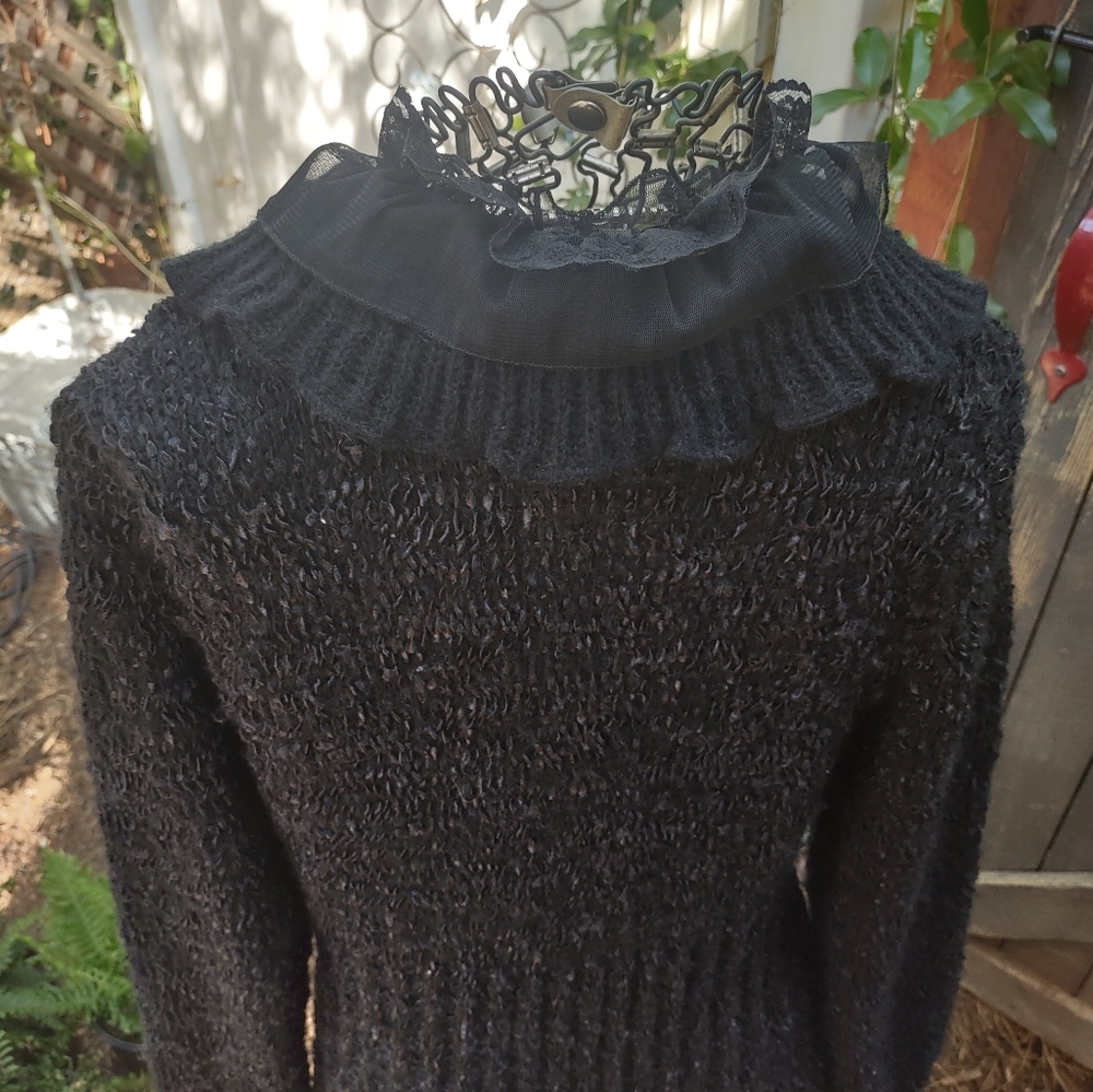 Elegant Black Ruffled Women's Sweater Duster - Picture 8 of 15